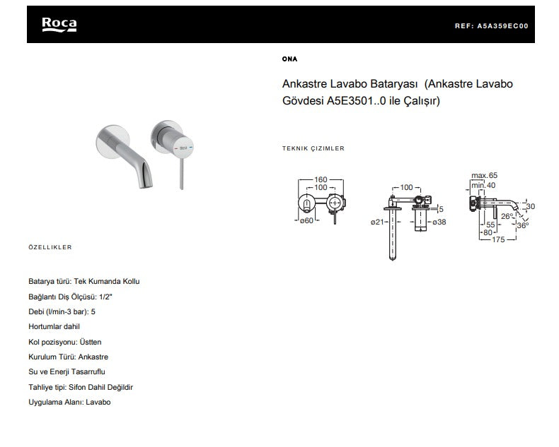 Ankastre Lavabo Bataryası (Ankastre İç Gövde Dahil) A5A359EC00